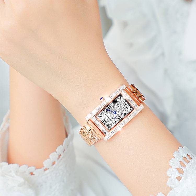 Giordano Rectangular Dress Watch For Women With Crystal Bezel, Roman Indiced And Sparkling Dial : GZ-60119-22