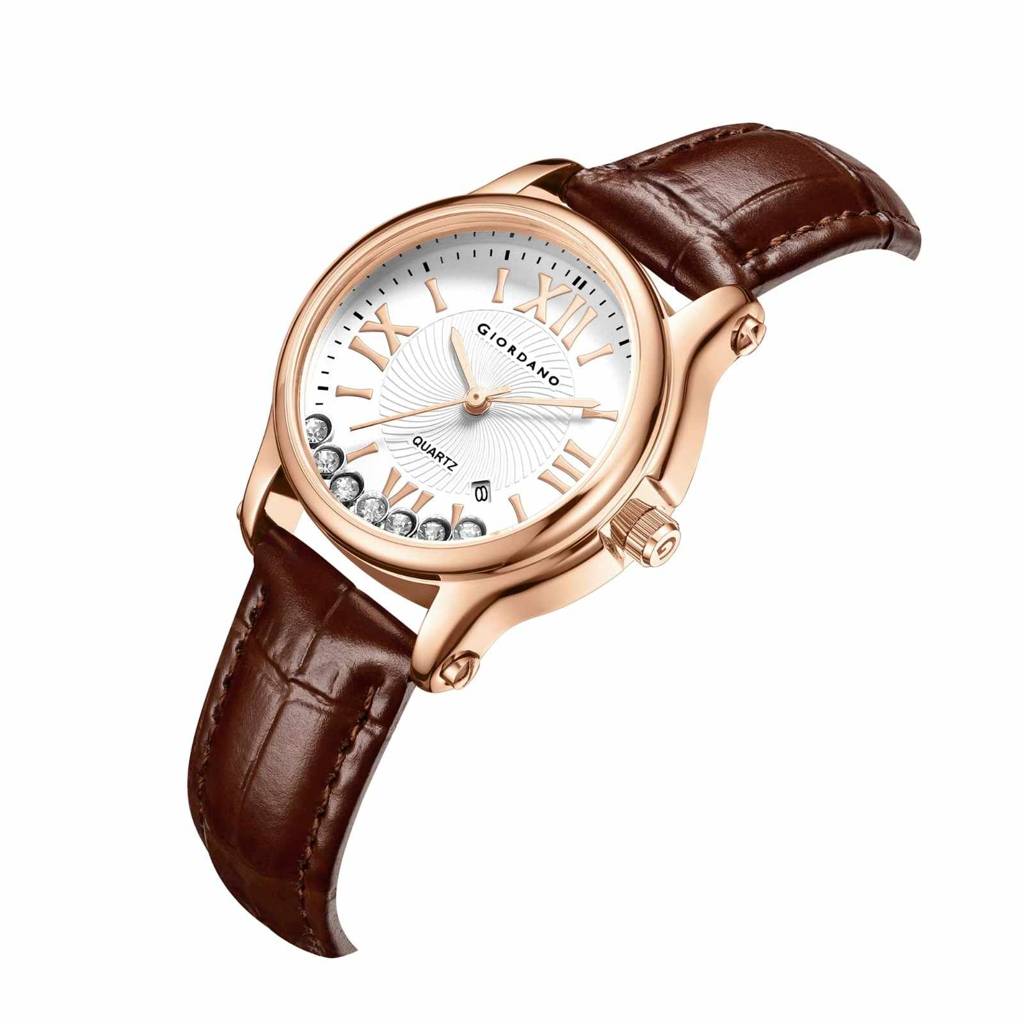 Giordano Luxury Analog Quartz Watch For Women Â Rose Gold Case, Roman Numerals, Crystal-Studded Dial, Leather  : GZ-60142-22