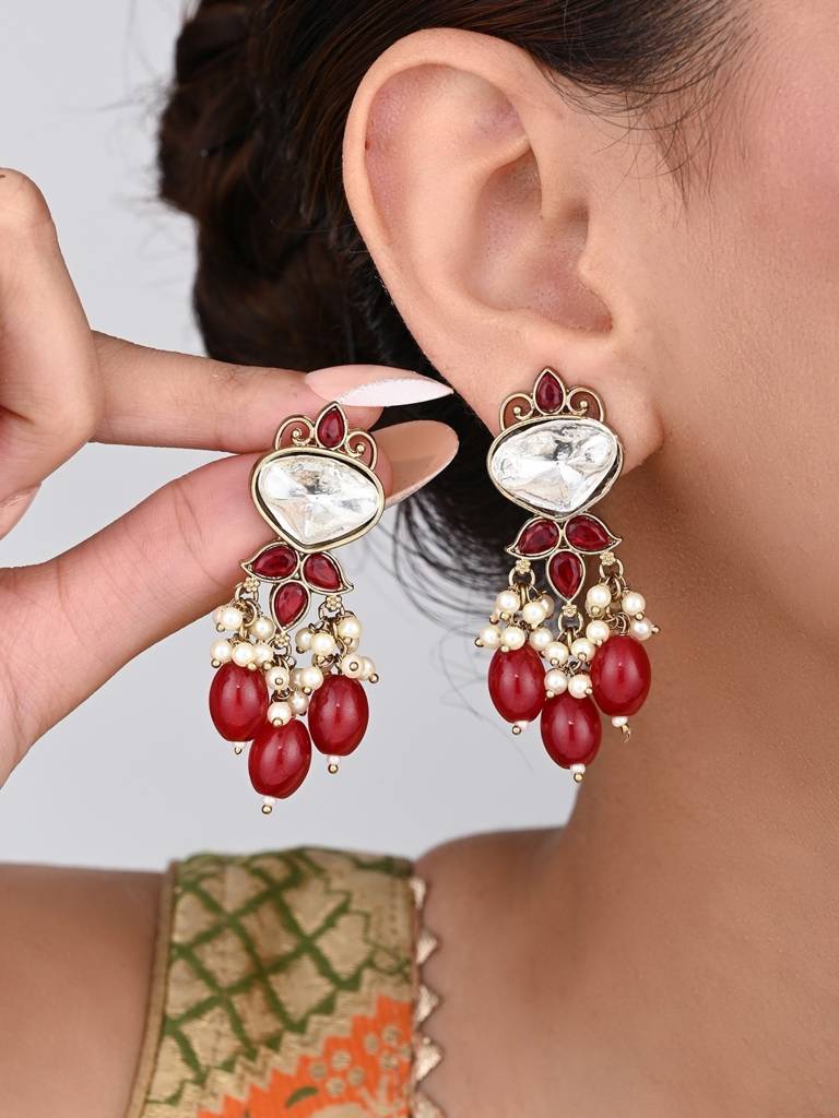 Gold Plated Kundan & Pearl Drop Earrings : S24FAER410RED