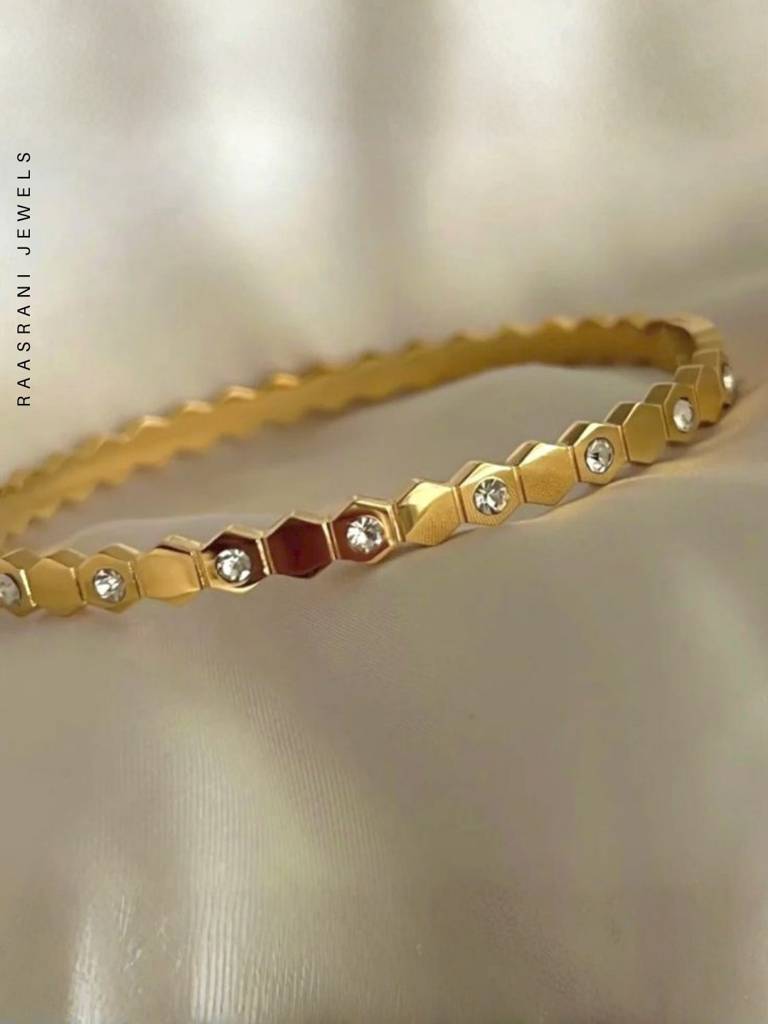 Hexagon Half Studded Gold Bracelet | Anti-Tarnish Cz Bracelet : ATB720HHSB