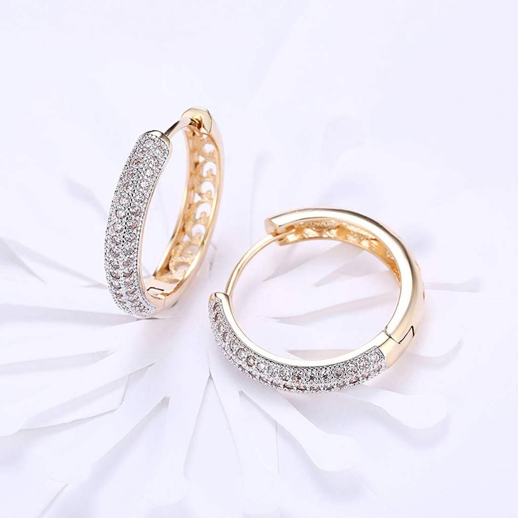 Golden 18K Gold Plated Diamond Cut Cz Alloy Hoop Earrings For Women : PX8E46