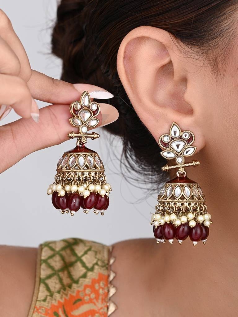 Gold Plated Kundan & Meenakari Jhumka Earrings : S24FAER411RED