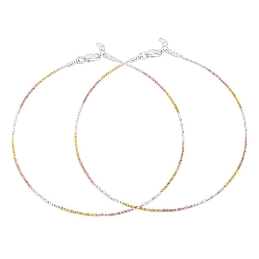 Triple Tone Classic 925 Sterling Silver Rope Chain Anklet : ANK-60152-Pair