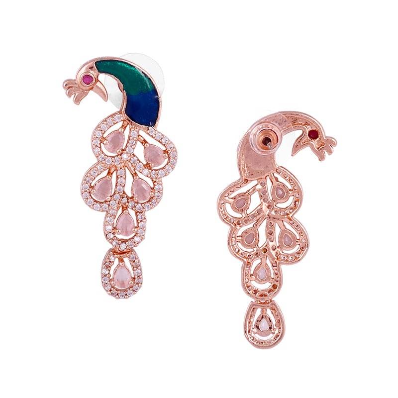 Peacock Accent Cz Sparkle Necklace Set | Rose Gold Plated | Party & Festive Glam : AD-918-RGMPNKER