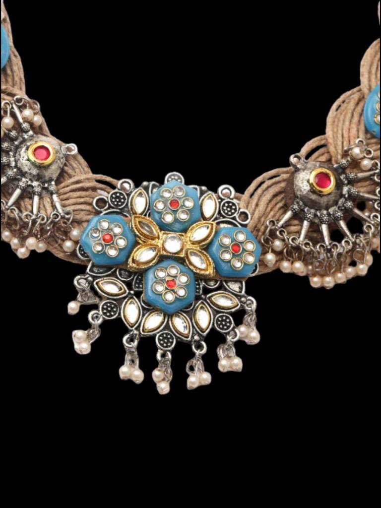Germam Silver-Plated Kundan Studded Oxidised Necklace : VI24NK0033