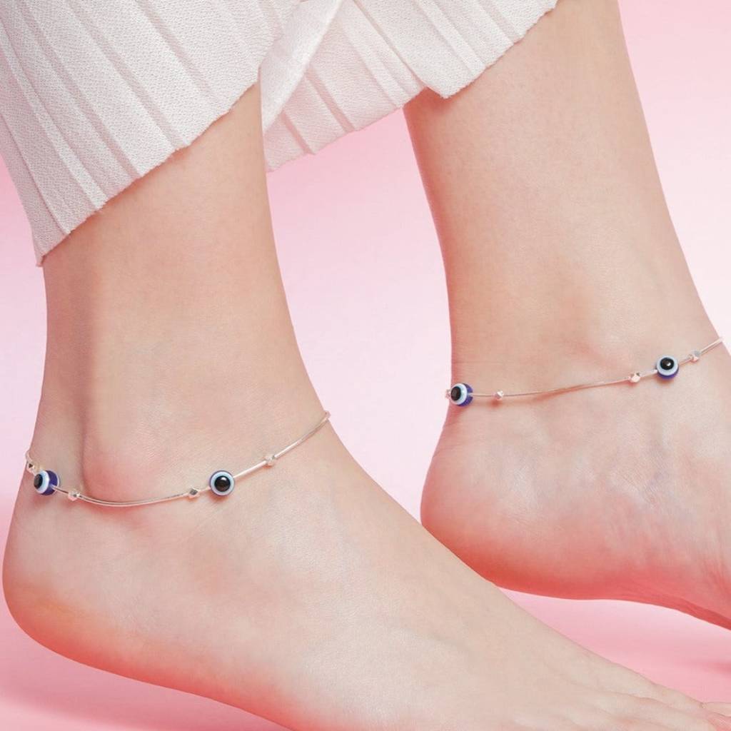 Evil Eye Beaded Rhodium Plated 925 Sterling Silver Chain Anklet : ANK-60194-PAIR