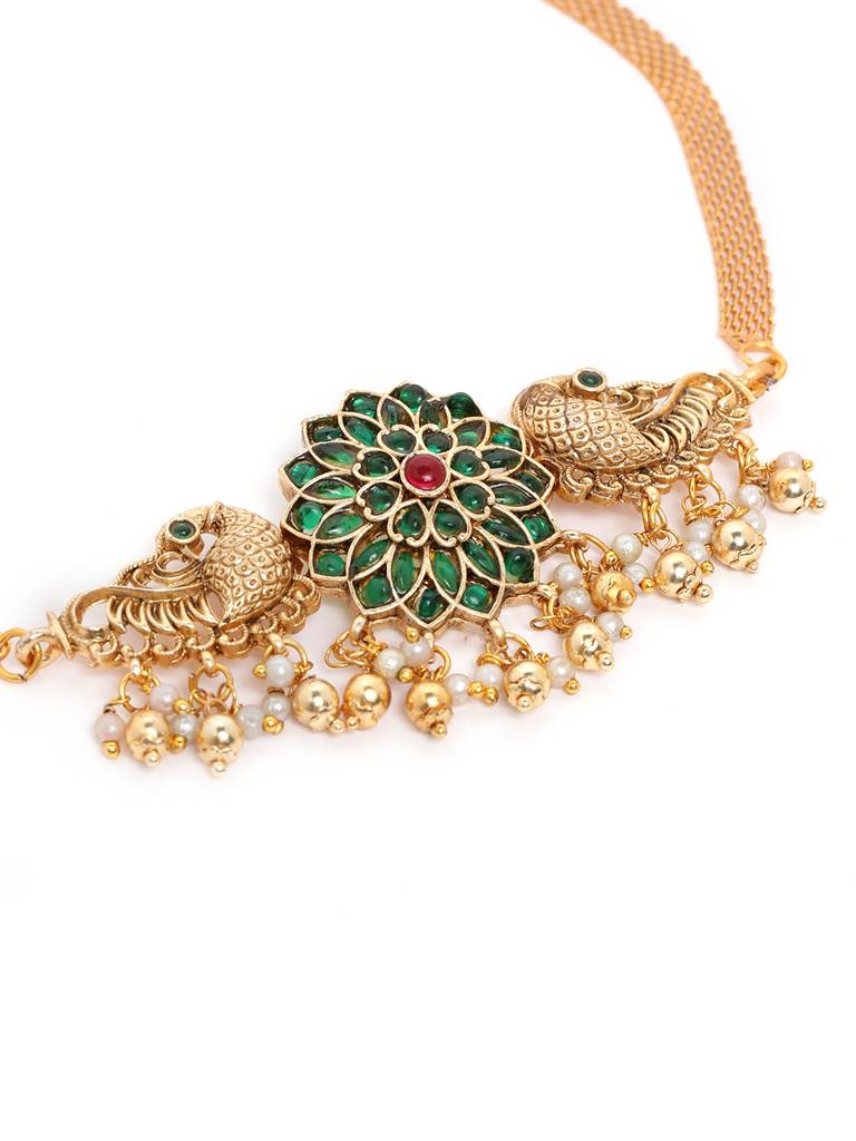 Â Gold Plated Floral Choker With Earrings Set : SATJS335GREEN