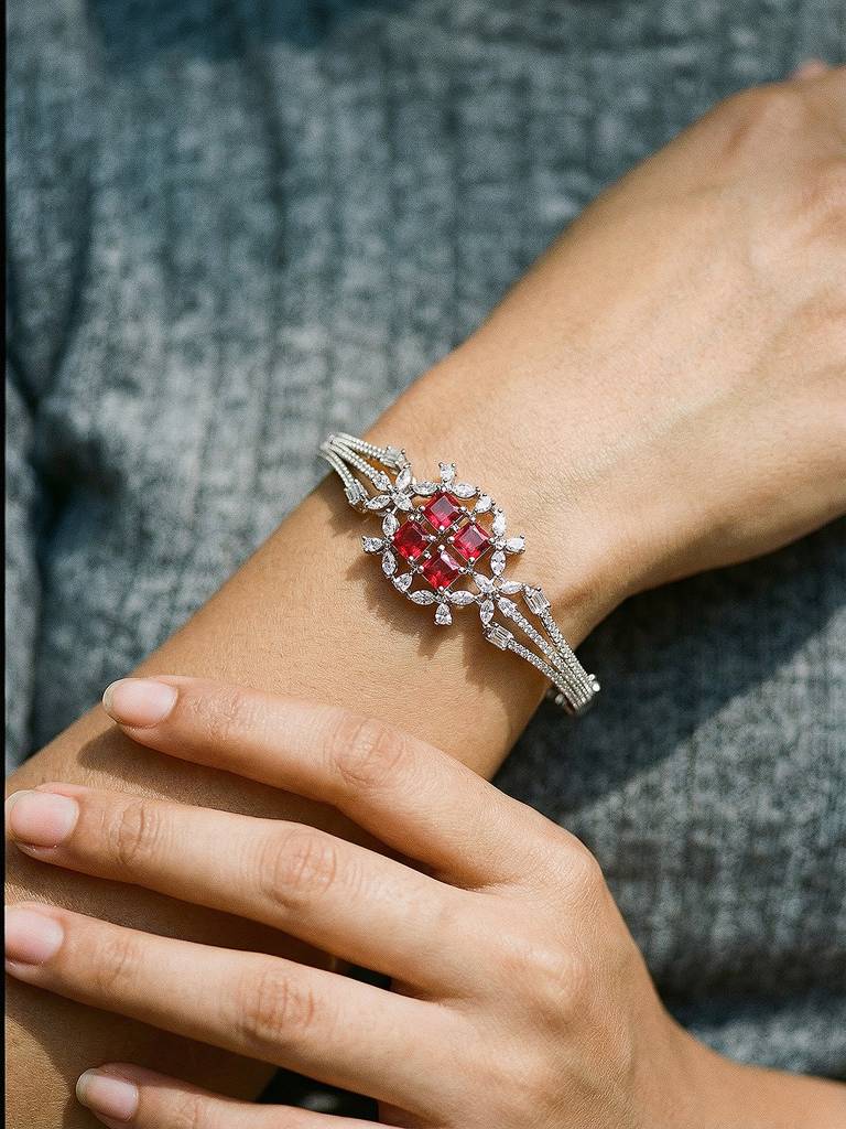 Silver Plated Ruby Red  Cubic Zirconia Geometric Luxe Bridal Kada Bracelet : SJBR2937