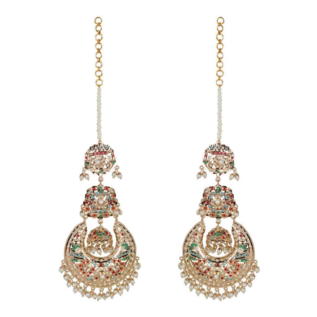 Navratan Jhumka Chaandbali Earrings With Kaanchain : ATQJ005