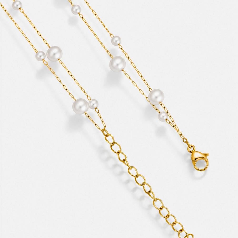 Women 18K Gold-Plated White Pearl-Studded Double-Strand Layered Station Necklace : 100787