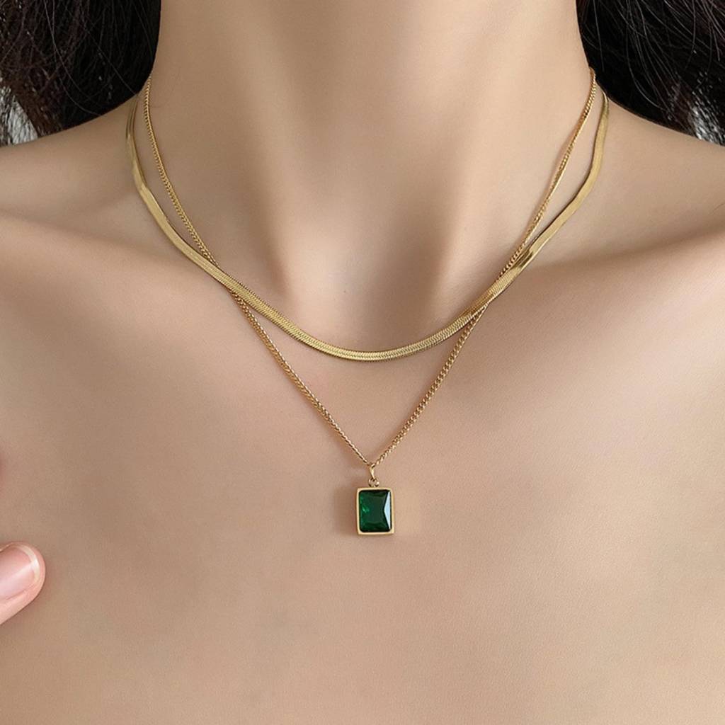 Dual Chain Emerald Necklace : NC_SS_GrnZircon_gld
