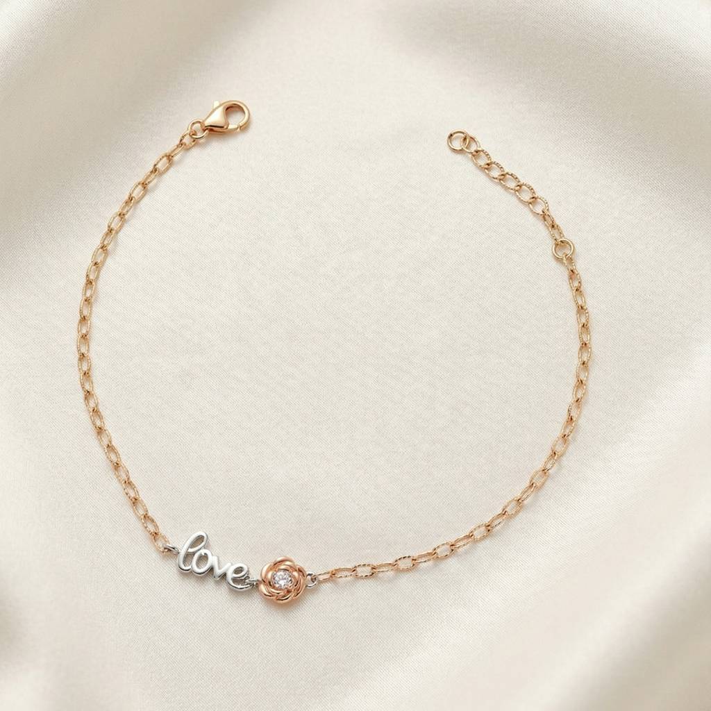 Two-Tone Rose & Love Script Bracelet : BR1150