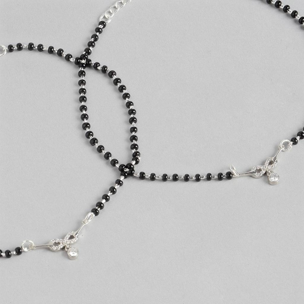 Radiant Charm Rhodium-Plated 925 Sterling Silver Anklet With Beaded Chain : ANK-60299-PAIR-S