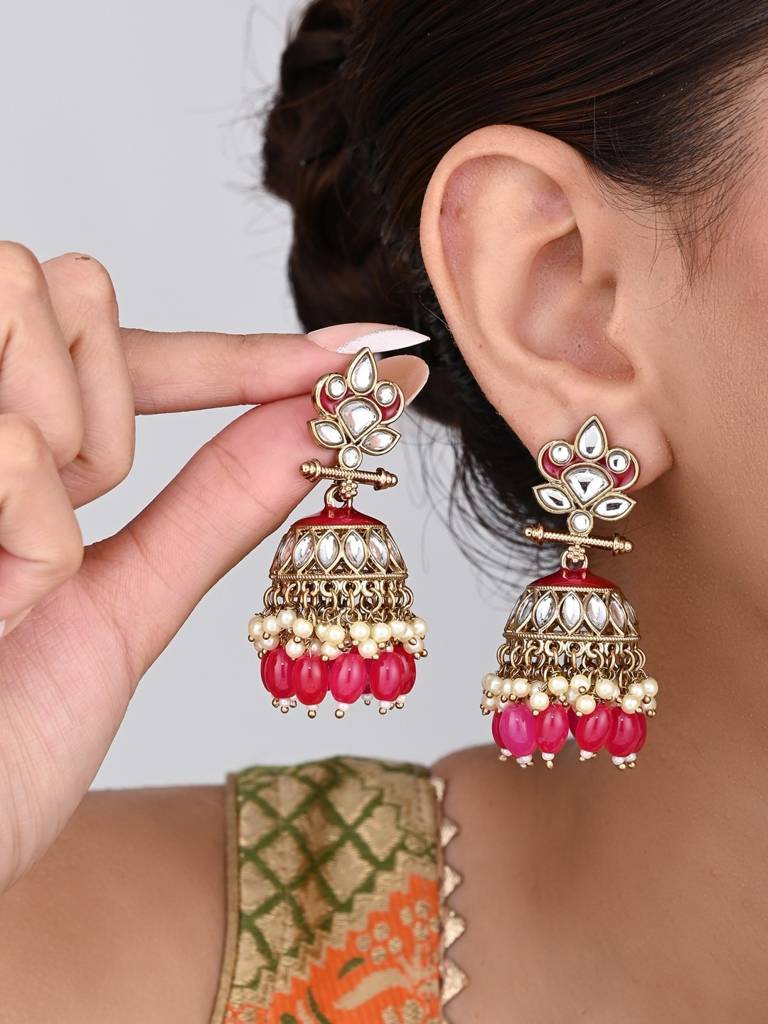Gold Plated Kundan & Meenakari Jhumka Earrings : S24FAER411PNK
