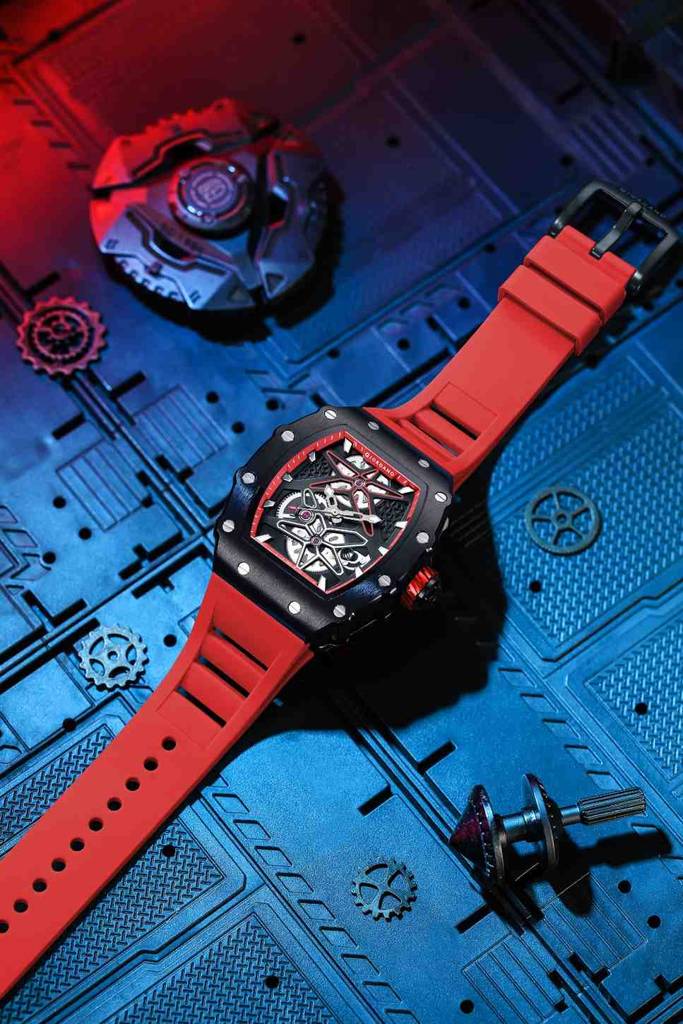 Giordano Analog Skeleton Dial Watch For Men Â Tonneau Case, Silicone Strap, Open-Gear Sport Design, Quartz Mov : GZ-50188-66