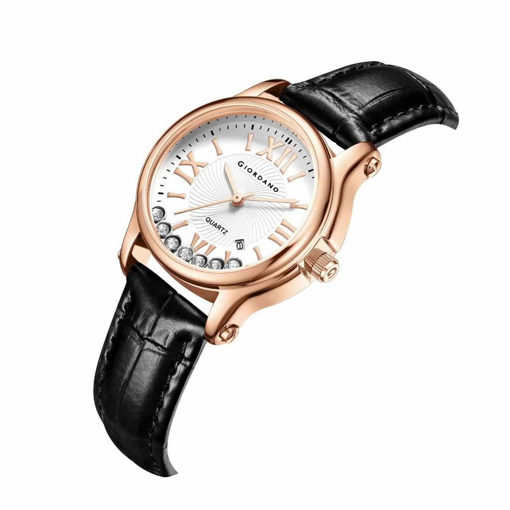 Giordano Luxury Analog Quartz Watch For Women Â Rose Gold Case, Roman Numerals, Crystal-Studded Dial, Leather  : GZ-60142-11