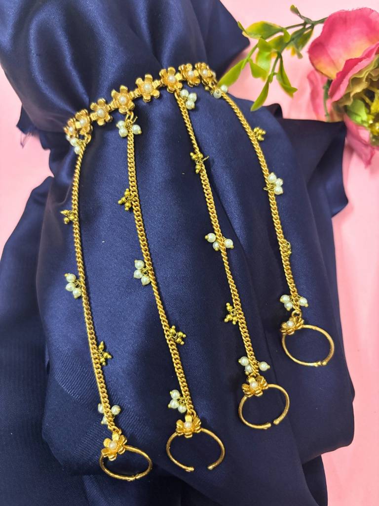 Women Set Of 2 Flower & Pearls Gold-Plated Multi Ring Ghungaroo Kashmiri Bracelet : VI26BC100044