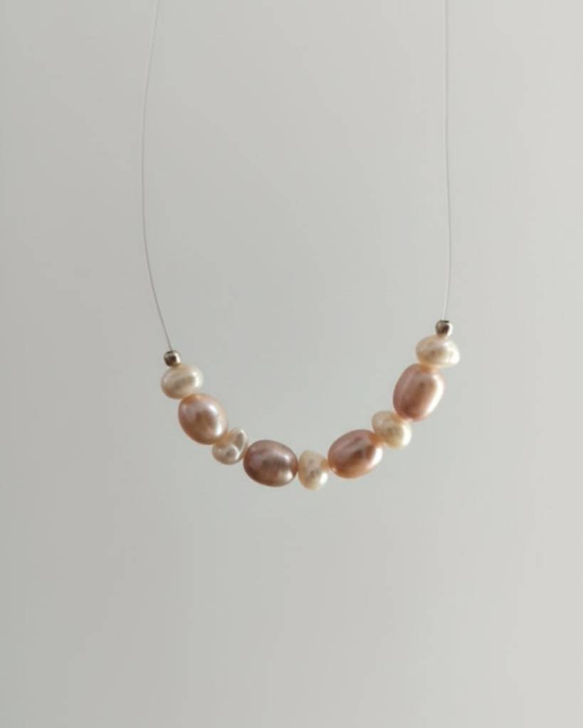 Sterling Silver Pink And White Pearl Hoops | Floating Necklace | Jewellery Set : SSPWHFLN