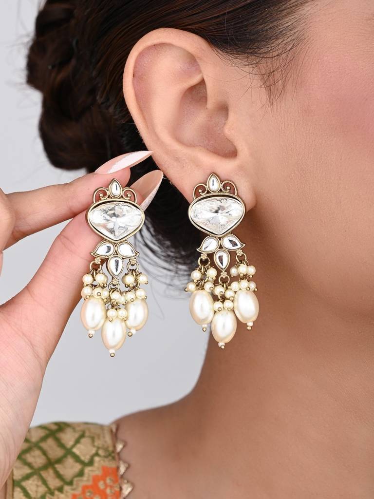 Gold Plated Kundan & Pearl Drop Earrings : S24FAER410WHT