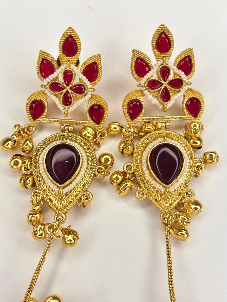 Gold-Plated Premium Kundan Red Stone-Studded Kan Chain Earrings : VI26EROX100369