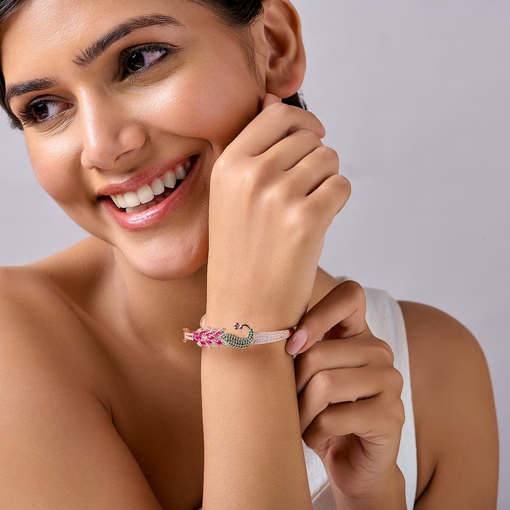 Zavya Eternal Bloom X Peacock Silver Bracelet In Rose Gold : BR-80145-Forever_Love