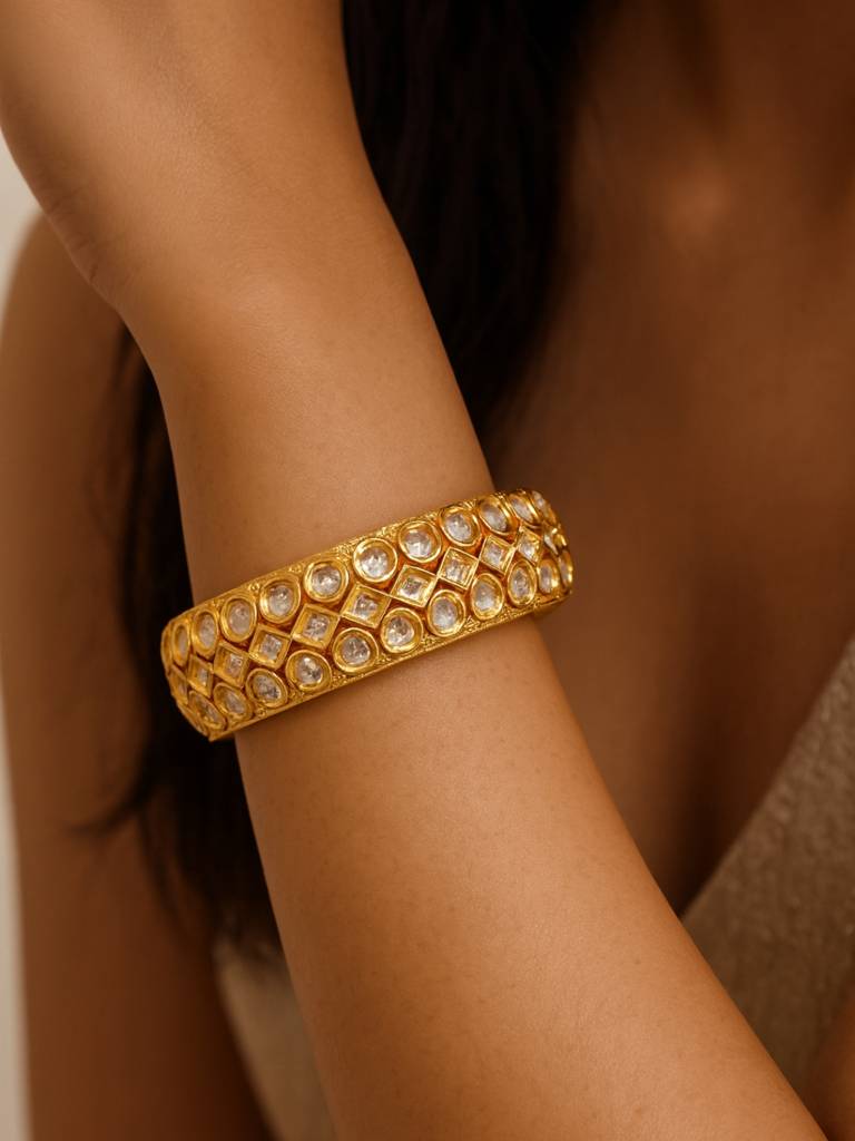 Golden Kundan Moissanite Bangle | Openable Gold Cuff Bracelet : AFB417GMB