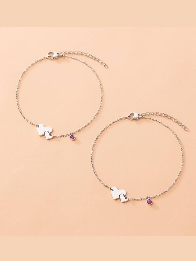 The Amour Bond Double Heart & Amethyst-Hued Silver Anklet : AK1137