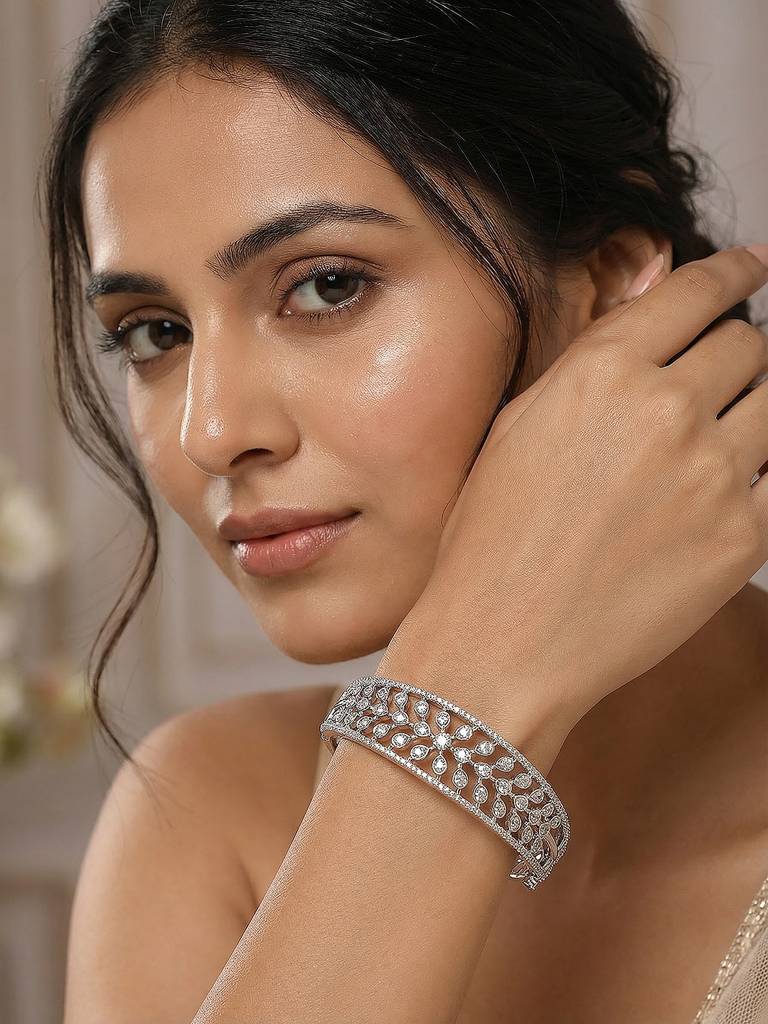 Rose Gold Plated White Ad Zirconia Statement Bridal Bangle Bracelet : SJBR2932