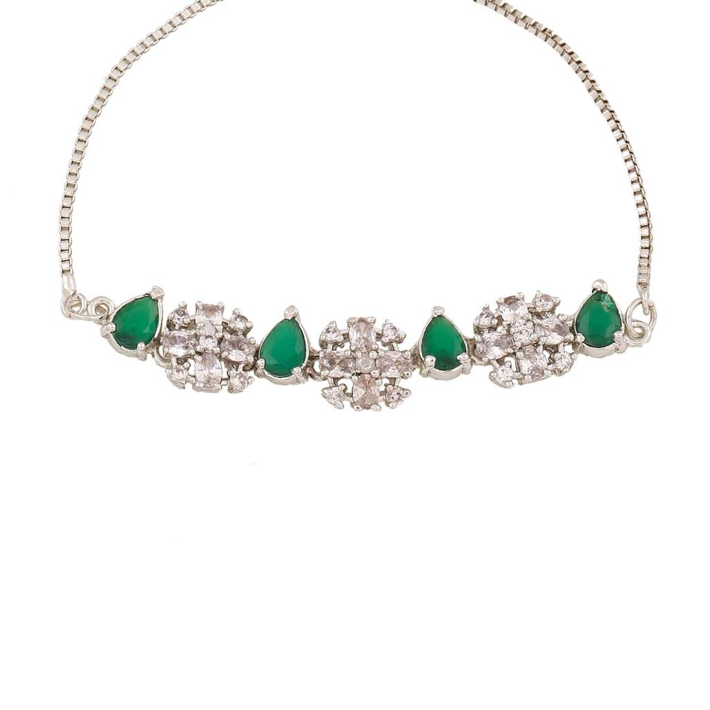 Estele Rhodium Plated Cz Sparkling Flower Designer Bracelet With Green Stones For Women