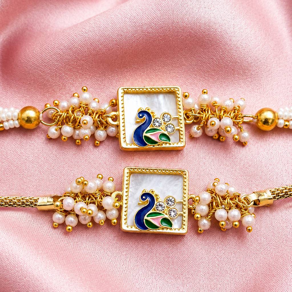 Artklim Royal Peacock Bhaiya Bhabhi Rakhi Set With Pearl Clusters : HSPS60MB1954