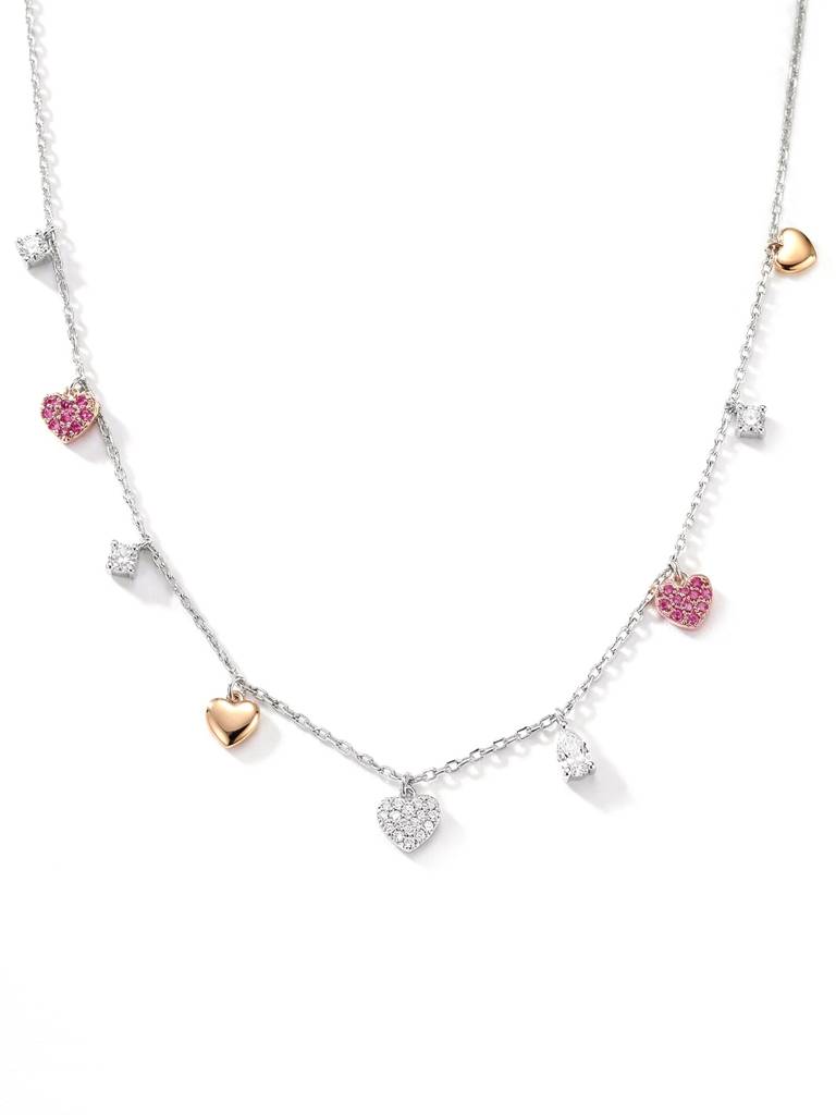 925 Silver Necklace With Pink And Clear Cubic Zirconia Heart Drops And Subtle Two-Tone Accents—A Refined Silver Nec : DZNC1959