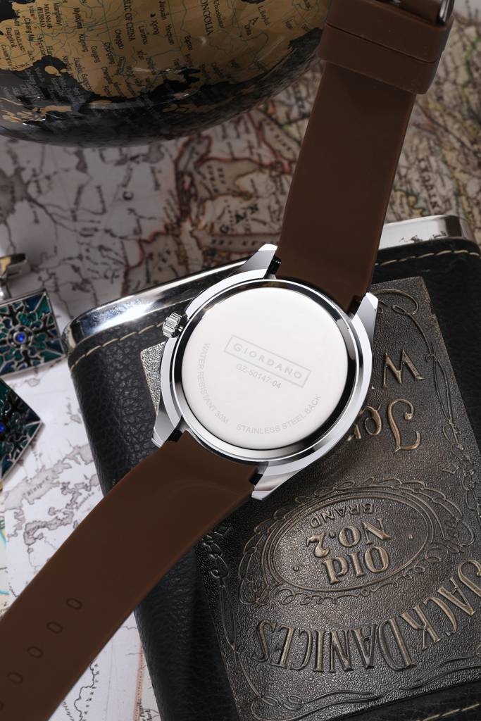 Stylish World Map Design Analog Watch For Men With Silver Case Round Dial, Textured Silicone Strap, Water Resist : GZ-50147-04