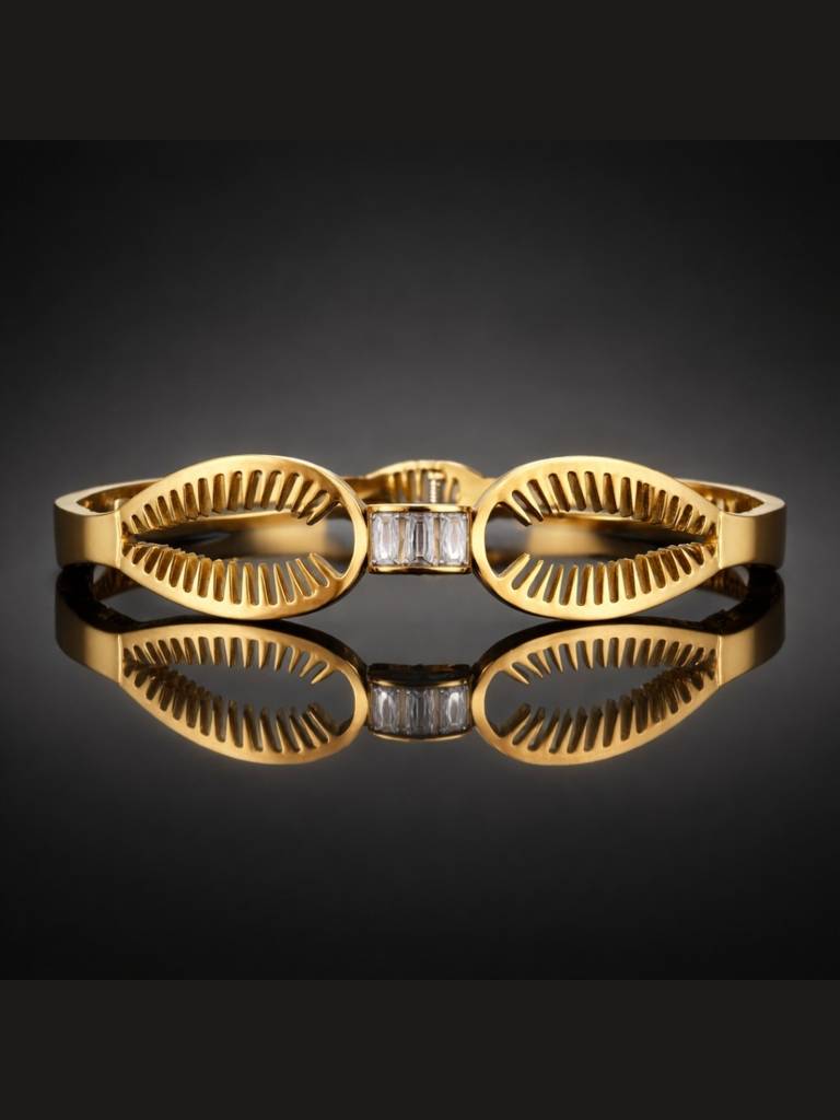 Gold Cowrie Shell & Bamboo Bangles Set -18K Gold Plated Stainless Steel Stackable Bracelets : CBR009GCS