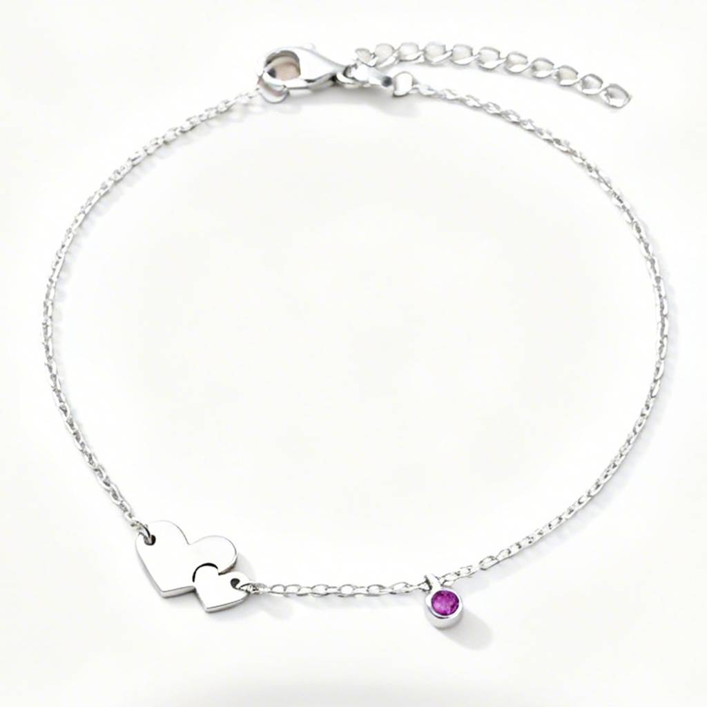 The Amour Bond Double Heart & Amethyst-Hued Silver Anklet : AK1136