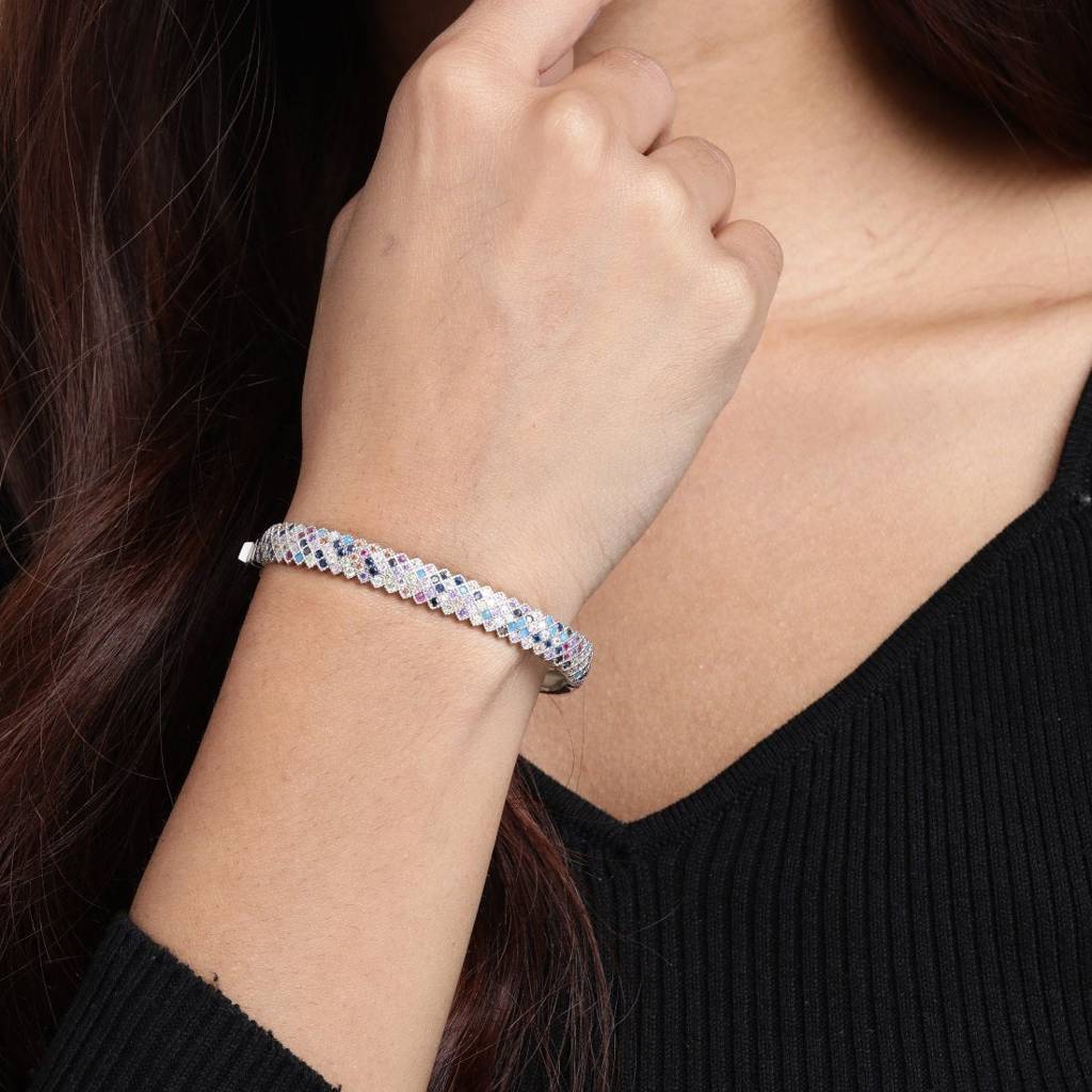Radiant Elegance Coloured Cz Rhodium-Plated 925 Sterling Silver Kada Bracelet : BR-80334-R