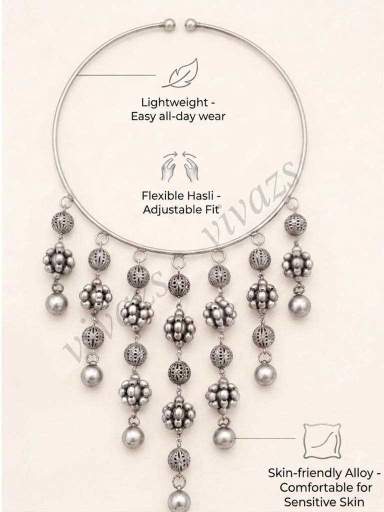 Antique Oxidised Engraved Bead Statement Boho Hasli Choker Necklace : VI26NK0103