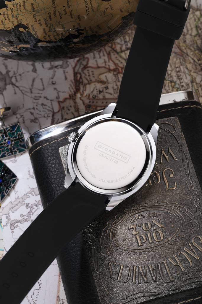 Stylish World Map Design Analog Watch For Men With Silver Case Round Dial, Textured Silicone Strap, Water Resist : GZ-50147-02