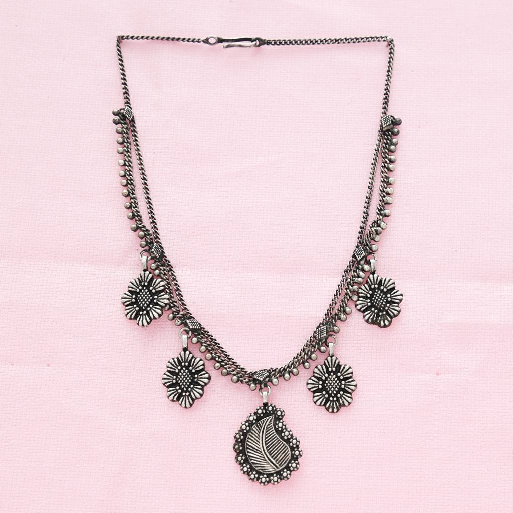 925 Pure Silver Antique Necklace | Silver Choker Necklace With Drop Earrings : NL1017A