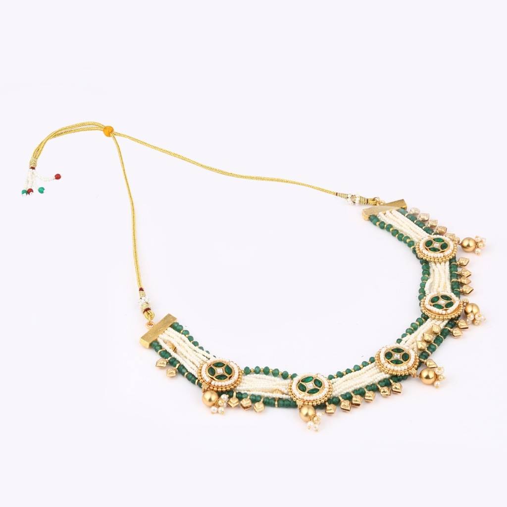 Gold Plated,Beads & Brass Necklace & Earring Set : S24AJNKS359GRN