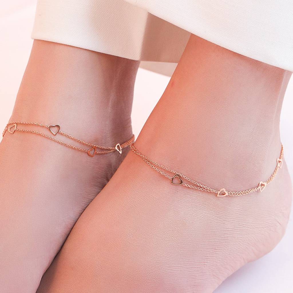 Singing Hearts 925 Sterling Silver Anklets In Rose Gold : ANK-60059-PAIR