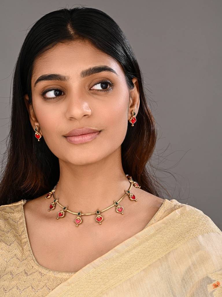 Red Meenakari Floral Alloy Necklace Set : S24FANKS545RED