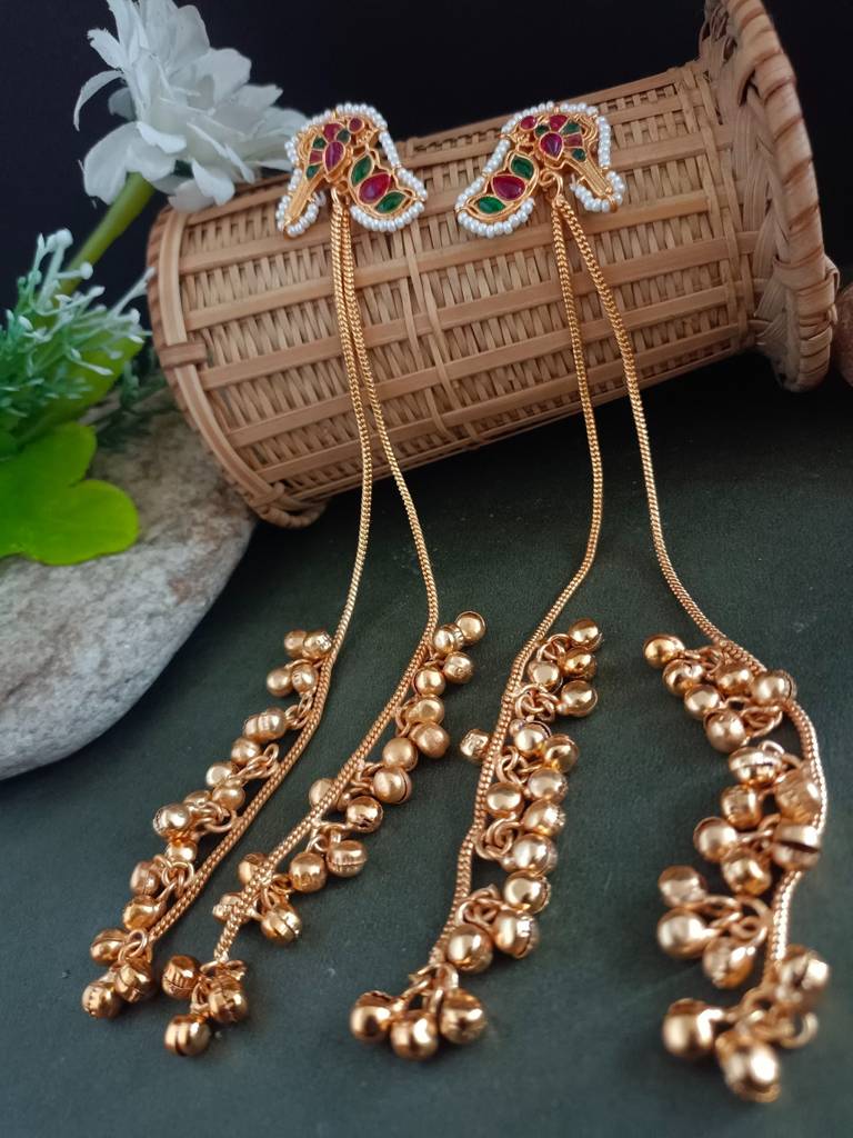 Kundan Studded & Ghungroo Beaded Tasselled Peacock Drop Meenakari Earrings : VS105310