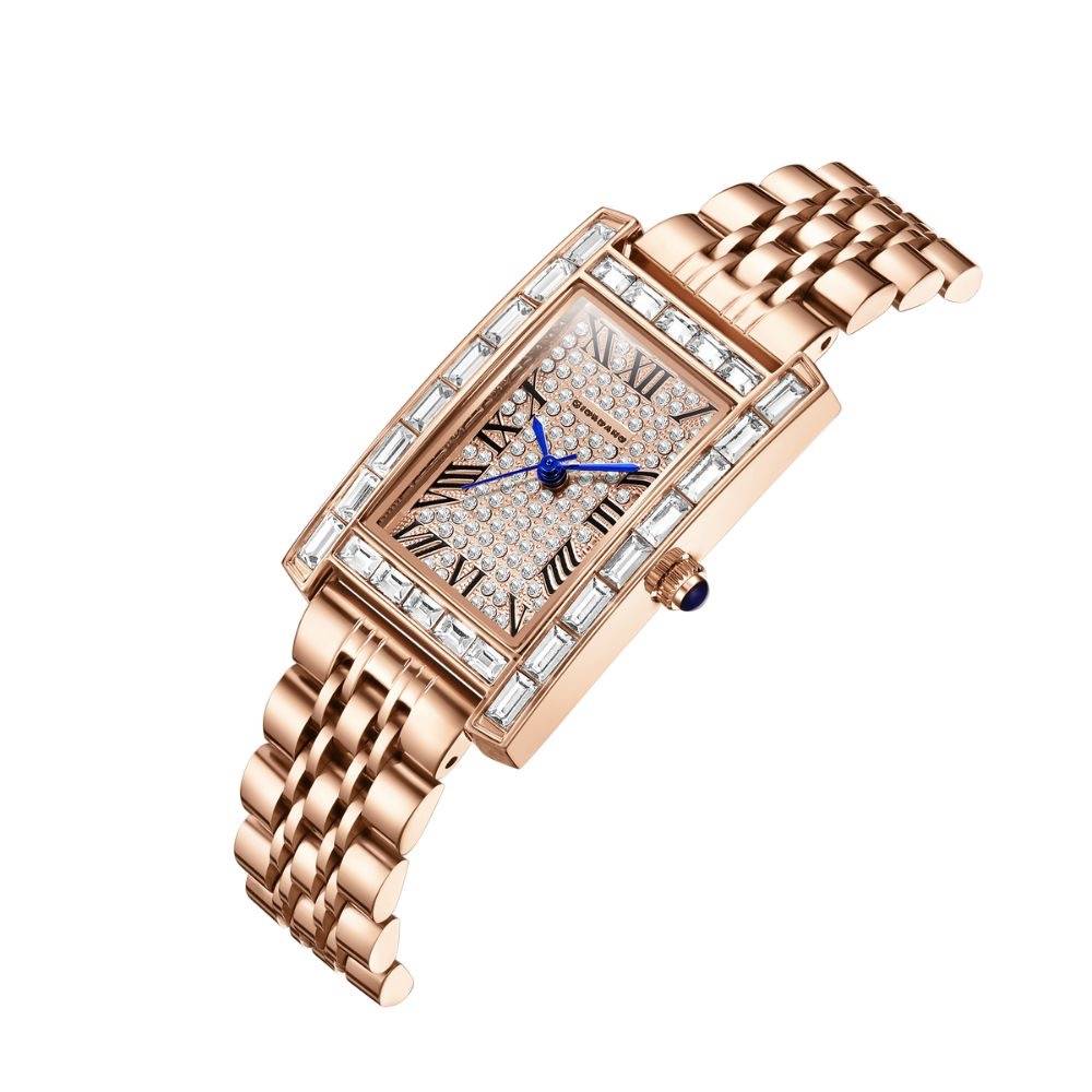 Giordano Rectangular Dress Watch For Women With Crystal Bezel, Roman Indiced And Sparkling Dial : GZ-60119-33