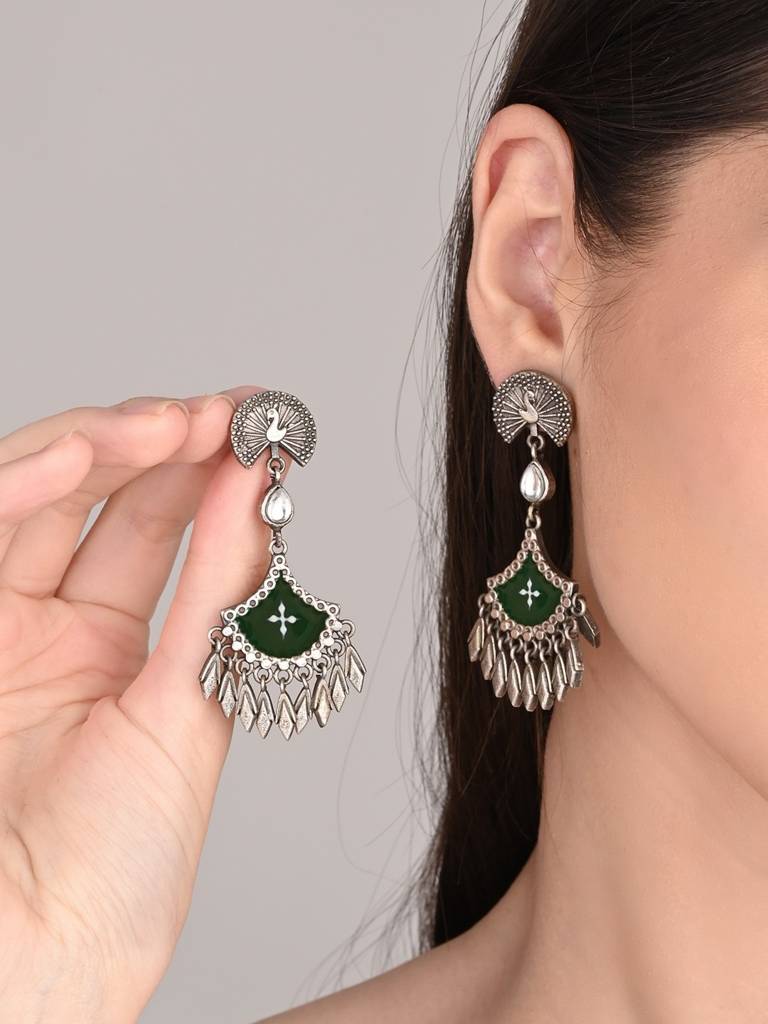 Silver Oxidised Finish Hand Painted Drop Earring : S24DJER314GRN