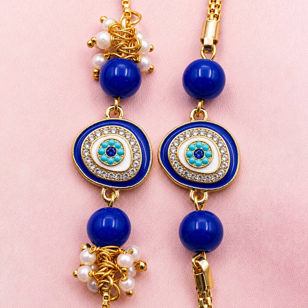 Artklim Blue Evil Eye Bhaiya Bhabhi Rakhi Set With Pearl Tassels : HSPS60MB1952