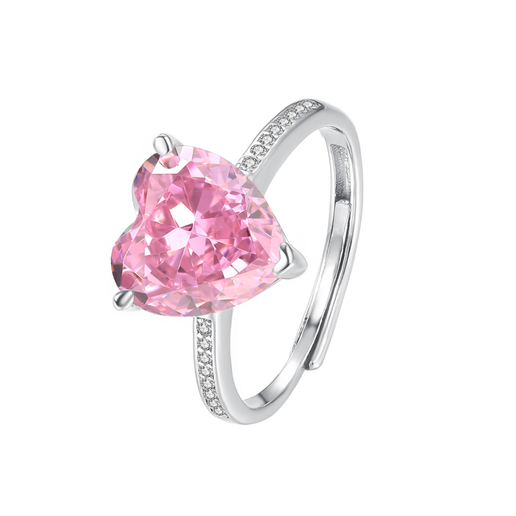 925 Sterling Silver Pink Stone Heart Ring I Solitaire Finger Ring I Adjustable Silver Ring : B0DF5HDTRP