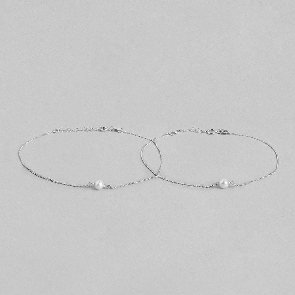 White Pearl Rhodium Plated 925 Sterling Silver Chain Anklet : ANK-60260-PAIR