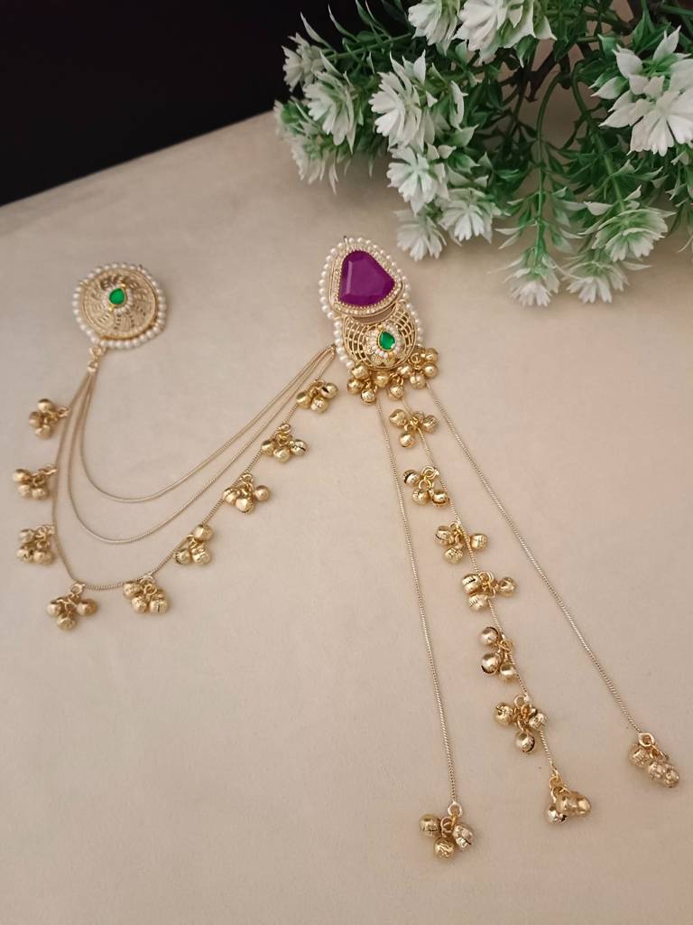 Brass-Plated Kundan Studded & Ghungroo Beaded Kashmiri Earrings With Earchains : VS105353