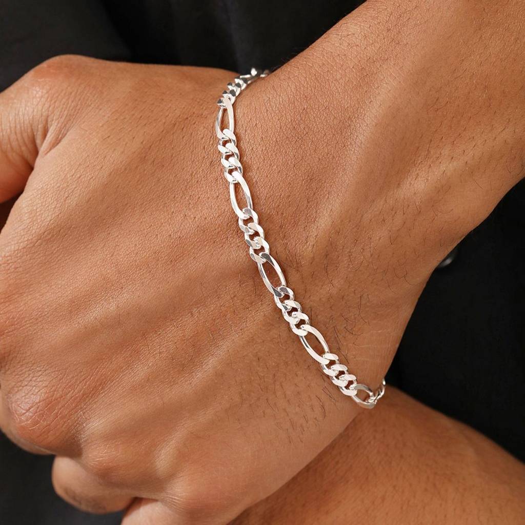 Figaro Rhodium Plated 925 Sterling Silver Mens Chain : M-BR-80425-8-4-S