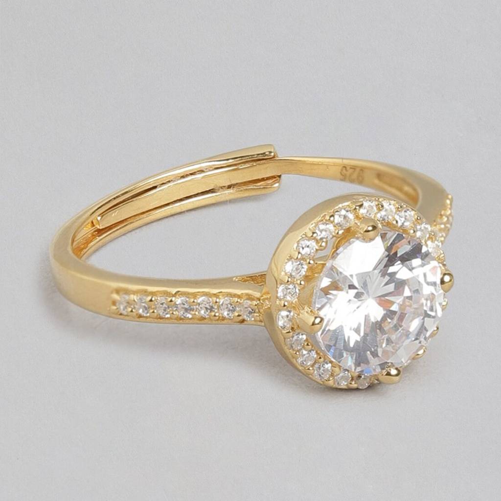 Golden Aura Gold-Plated 925 Sterling Silver Solitaire Halo Ring For Her (Adjustable) : RNG-40159